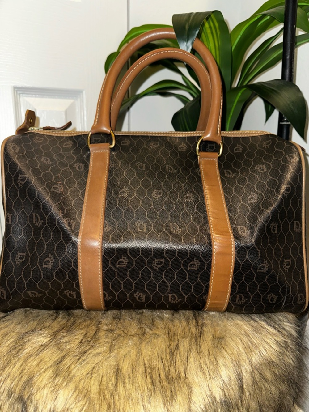 Dior Brown Monogram Travel Satchel with Tan Leather Accents